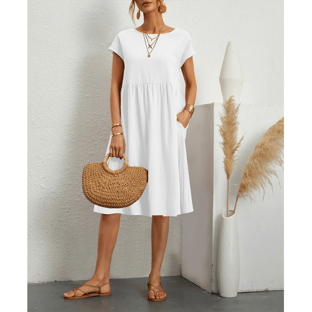 Stylish Short Sleeve Midi Dress for Women in Cotton Linen for Summer Comfort