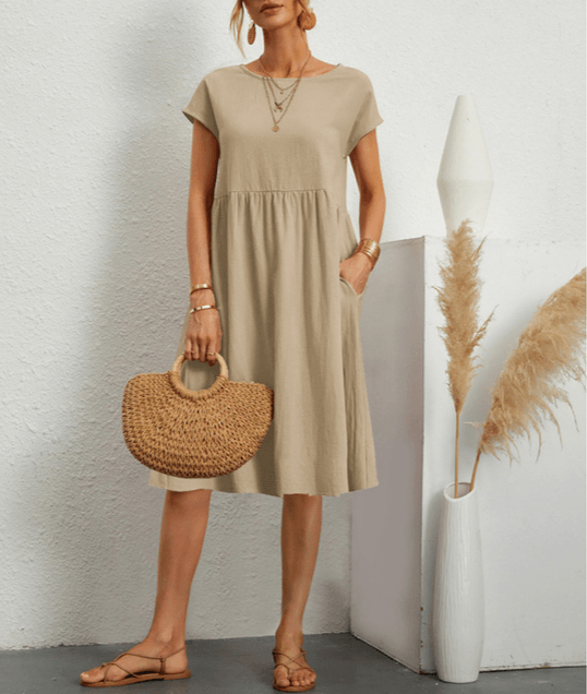 Stylish Short Sleeve Midi Dress for Women in Cotton Linen for Summer Comfort