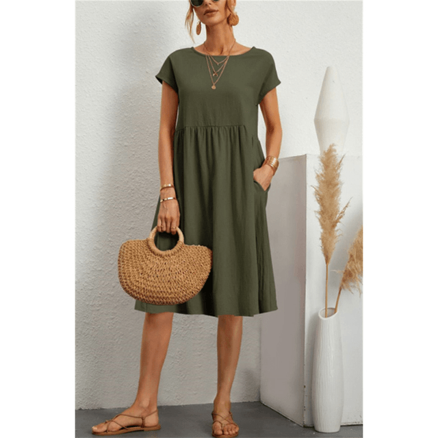 Stylish Short Sleeve Midi Dress for Women in Cotton Linen for Summer Comfort