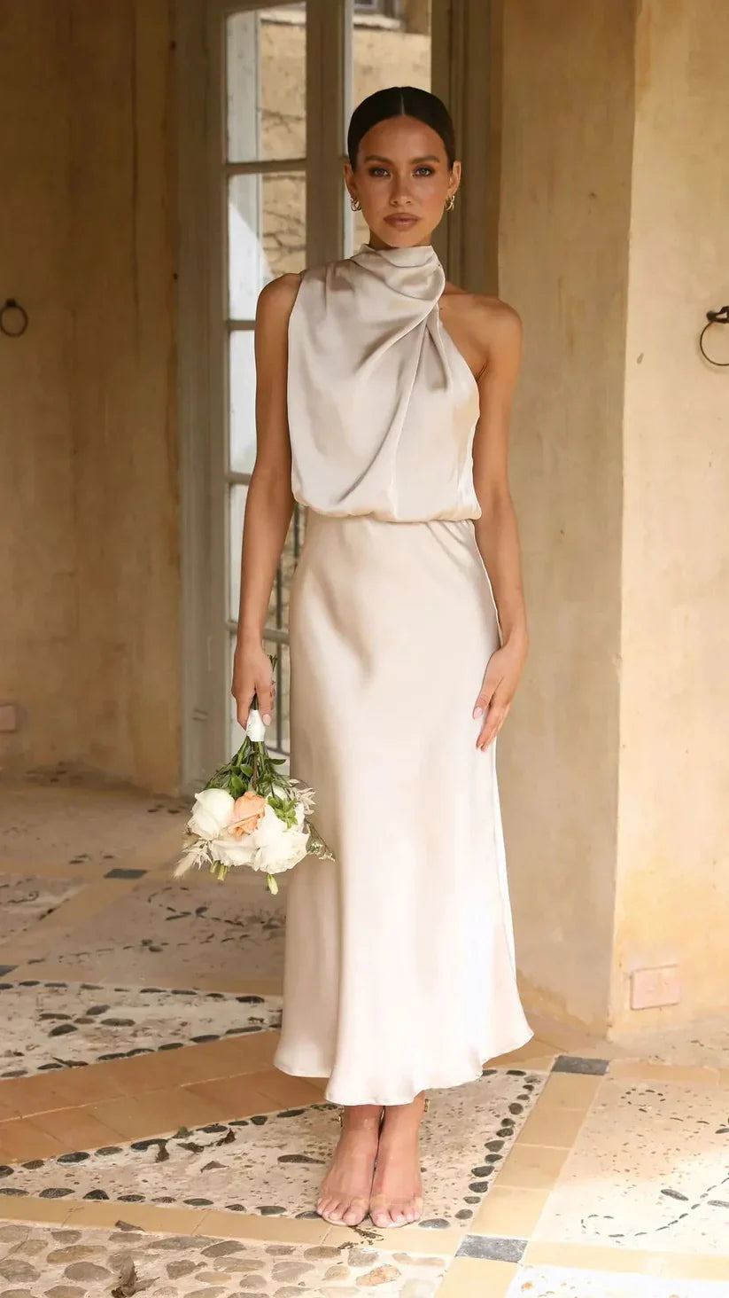 Elegant One-Shoulder Satin Midi Dress for Women - Draped Design with Fitted Waist