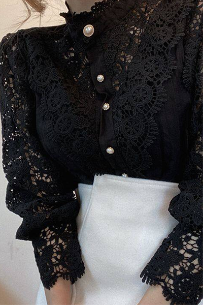 Chic Women's Blouse Featuring Embroidered Openwork Accents for Elegant Casual Wear