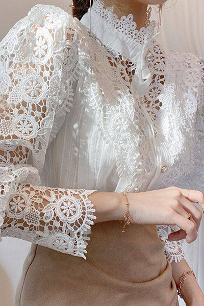 Chic Women's Blouse Featuring Embroidered Openwork Accents for Elegant Casual Wear