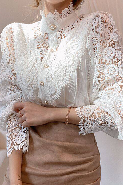 Chic Women's Blouse Featuring Embroidered Openwork Accents for Elegant Casual Wear