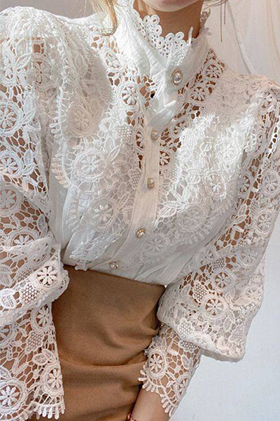 Chic Women's Blouse Featuring Embroidered Openwork Accents for Elegant Casual Wear