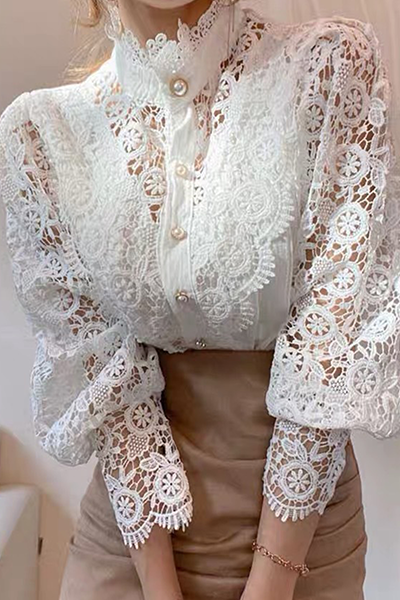 Chic Women's Blouse Featuring Embroidered Openwork Accents for Elegant Casual Wear