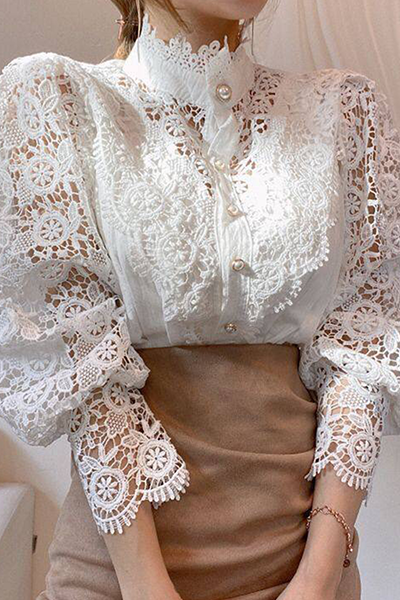 Chic Women's Blouse Featuring Embroidered Openwork Accents for Elegant Casual Wear