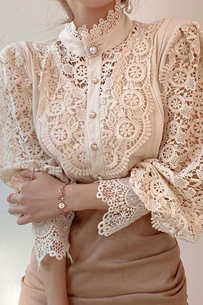 Chic Women's Blouse Featuring Embroidered Openwork Accents for Elegant Casual Wear