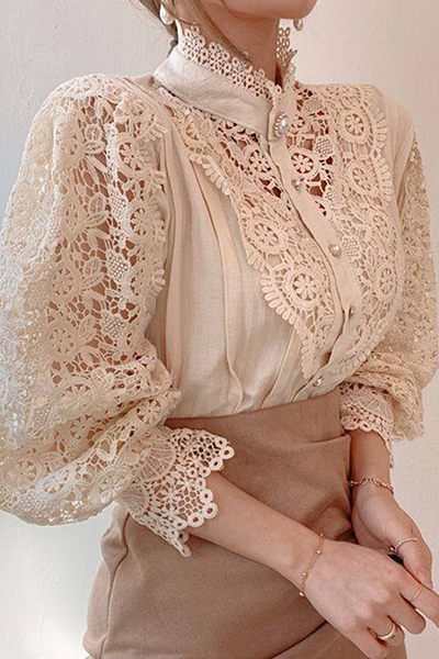 Chic Women's Blouse Featuring Embroidered Openwork Accents for Elegant Casual Wear