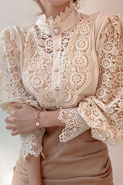 Chic Women's Blouse Featuring Embroidered Openwork Accents for Elegant Casual Wear