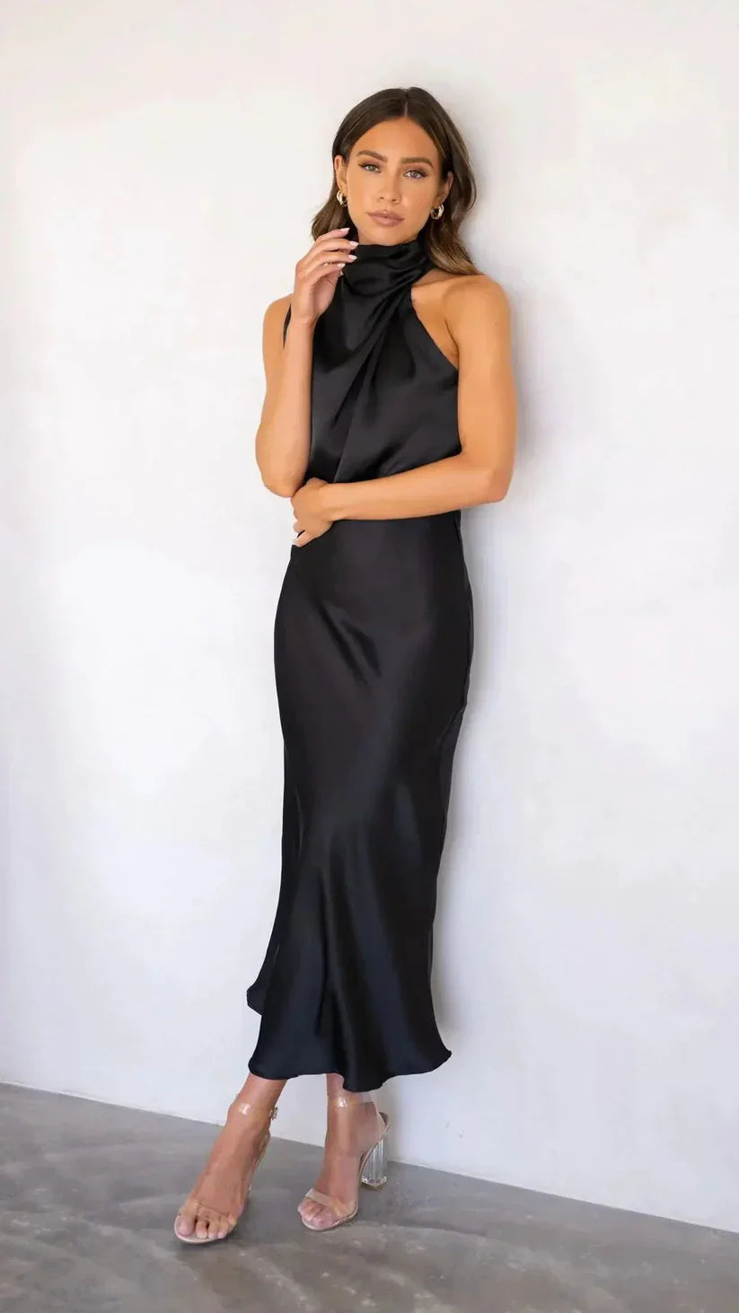 Elegant One-Shoulder Satin Midi Dress for Women - Draped Design with Fitted Waist