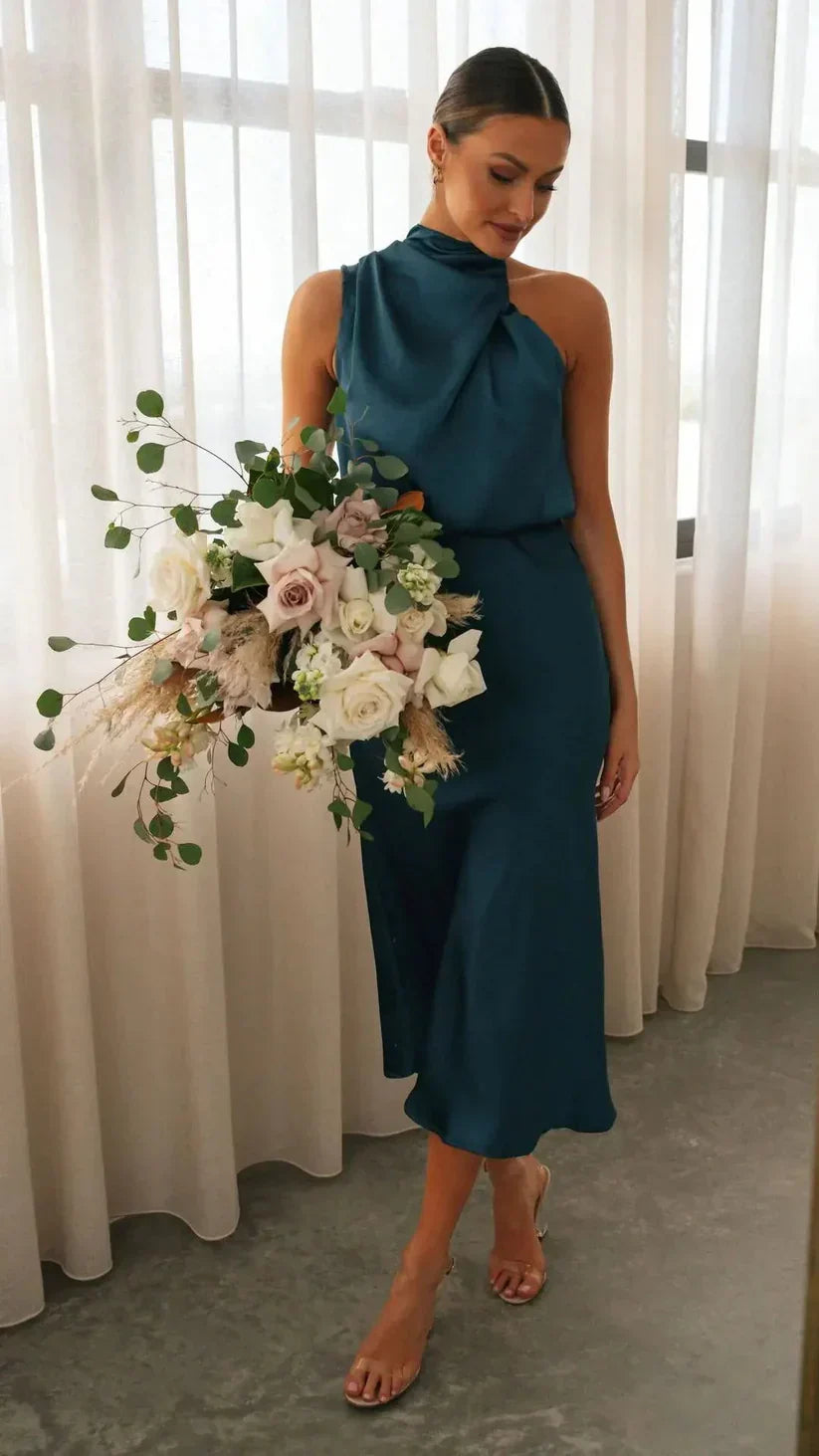 Elegant One-Shoulder Satin Midi Dress for Women - Draped Design with Fitted Waist