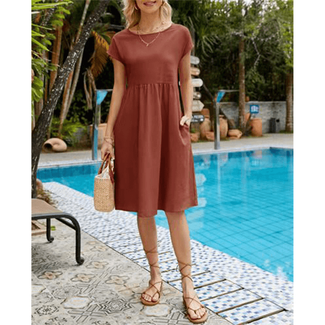 Stylish Short Sleeve Midi Dress for Women in Cotton Linen for Summer Comfort