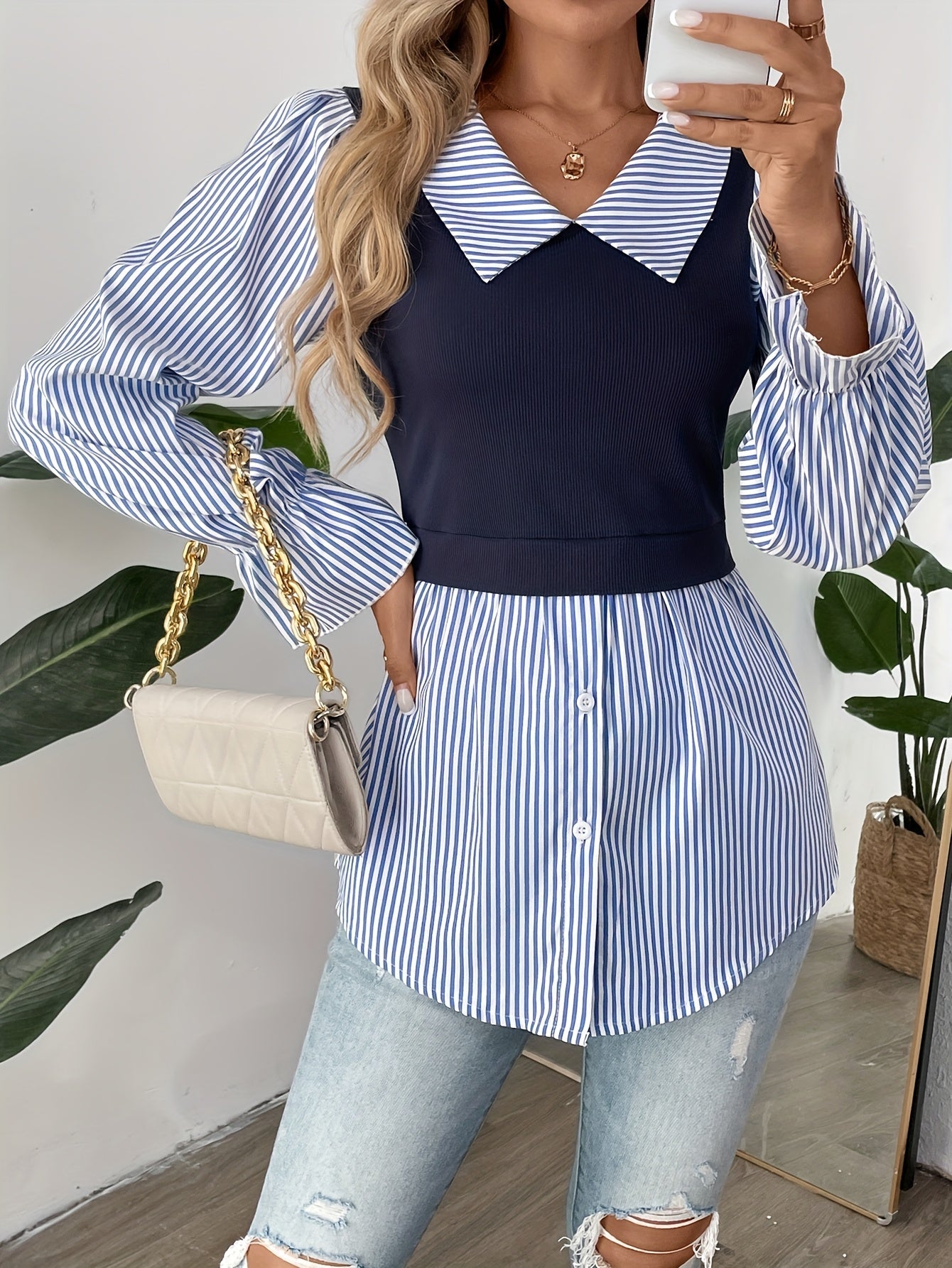 Lila Womens Striped Color Block Blouse with Button Front for Stylish Women
