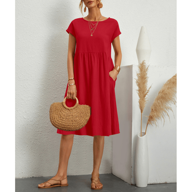 Stylish Short Sleeve Midi Dress for Women in Cotton Linen for Summer Comfort