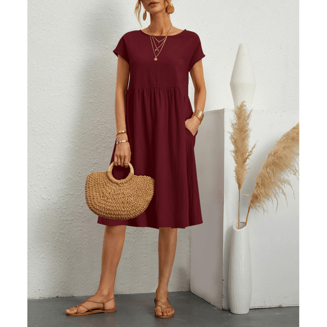 Stylish Short Sleeve Midi Dress for Women in Cotton Linen for Summer Comfort