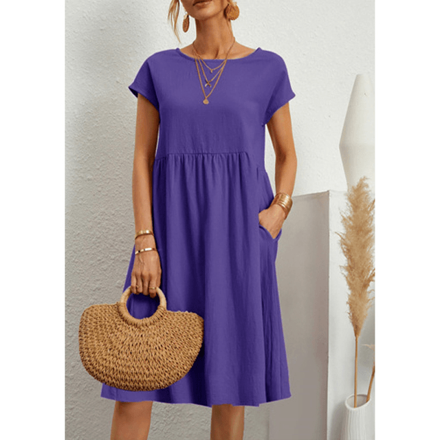 Stylish Short Sleeve Midi Dress for Women in Cotton Linen for Summer Comfort