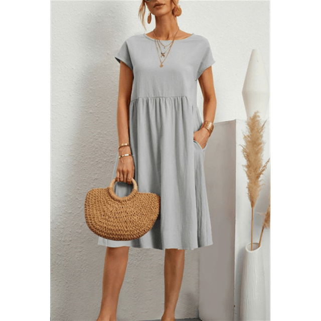 Stylish Short Sleeve Midi Dress for Women in Cotton Linen for Summer Comfort