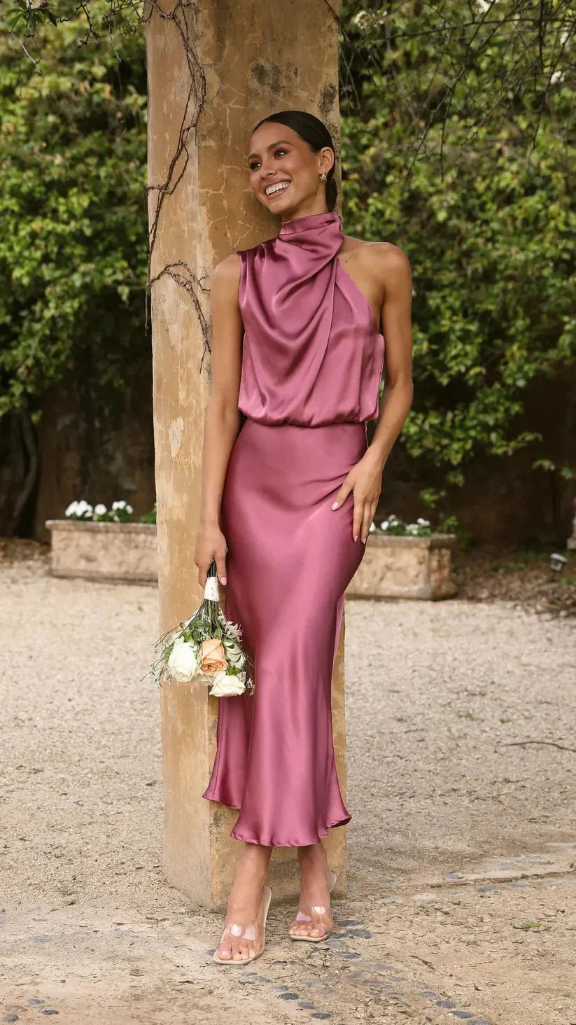 Elegant One-Shoulder Satin Midi Dress for Women - Draped Design with Fitted Waist