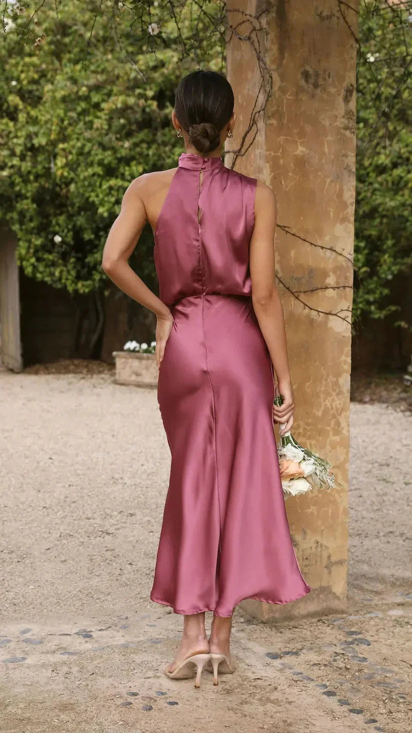 Elegant One-Shoulder Satin Midi Dress for Women - Draped Design with Fitted Waist
