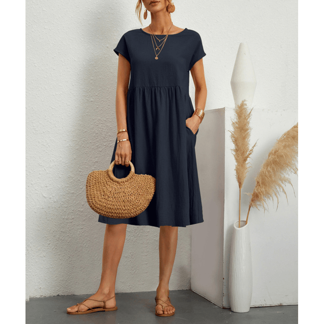 Stylish Short Sleeve Midi Dress for Women in Cotton Linen for Summer Comfort