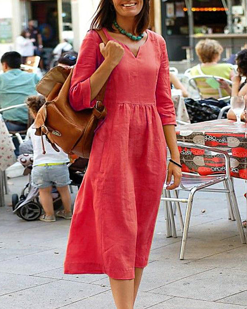 V-Neck Three-Quarter Sleeve Women's Midi Dress in Linen Blend for Casual and Elegant Looks
