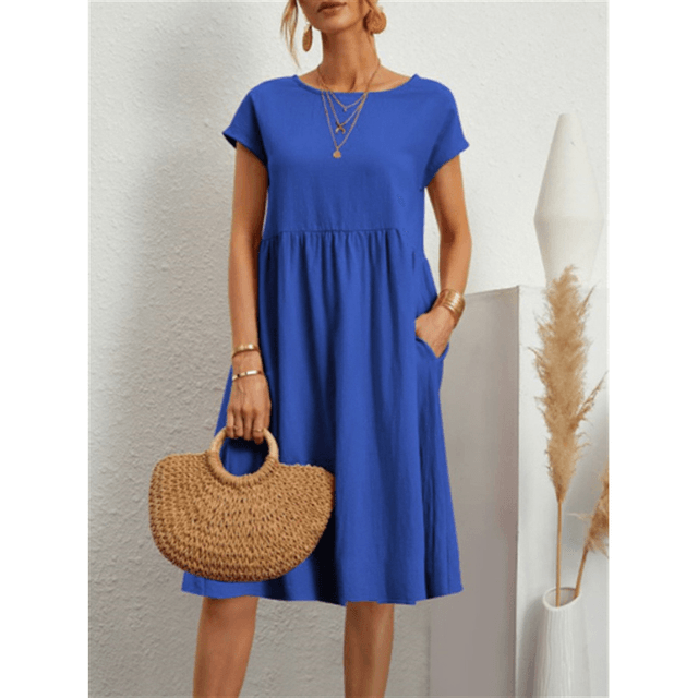 Stylish Short Sleeve Midi Dress for Women in Cotton Linen for Summer Comfort