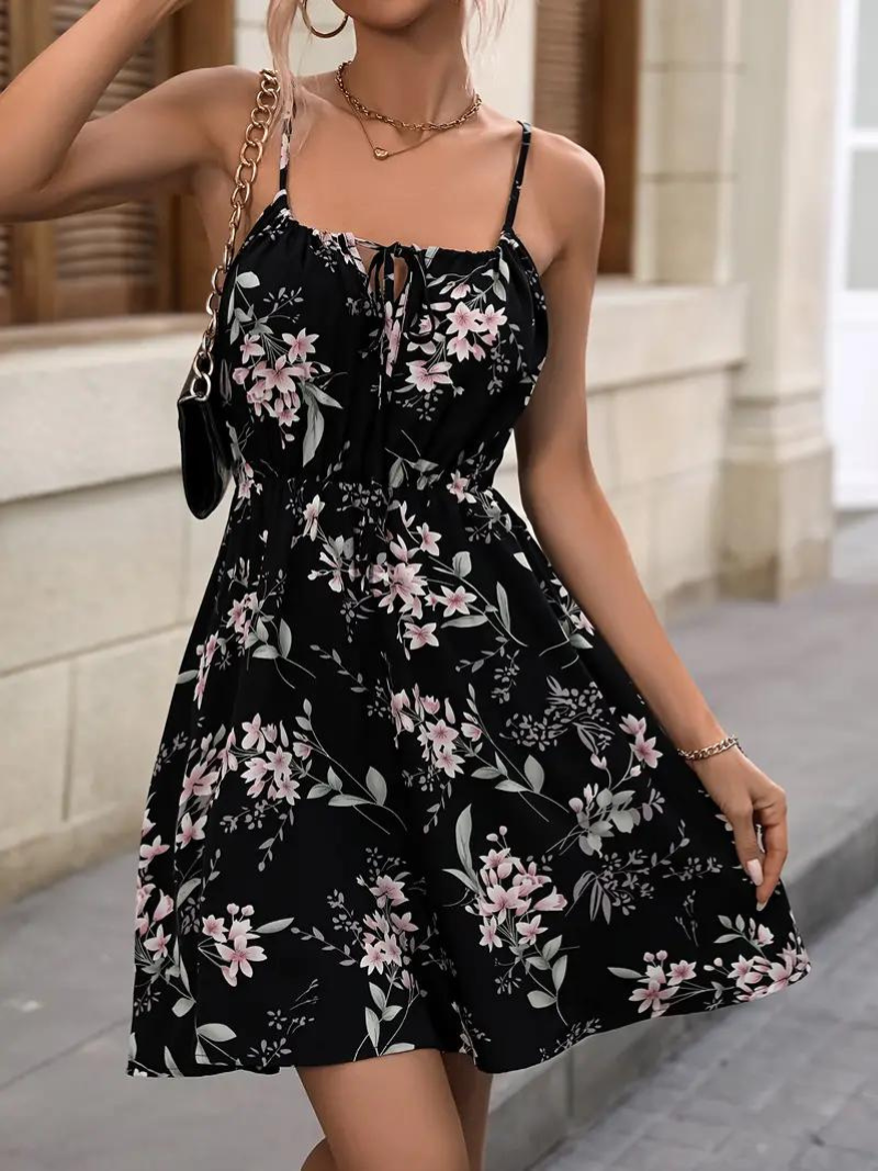 Floral Print A-Line Dress for Women Sleeveless Spaghetti Straps Scoop Neck Tie Detail