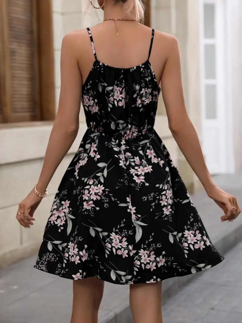 Floral Print A-Line Dress for Women Sleeveless Spaghetti Straps Scoop Neck Tie Detail