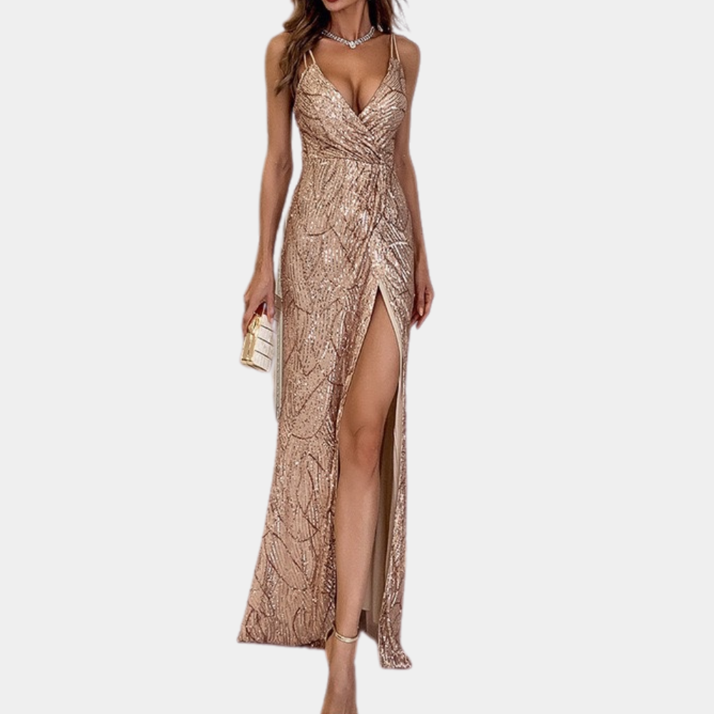 Elegant Floor-Length V-Neck Evening Gown for Women Sequin Embellished High Slit