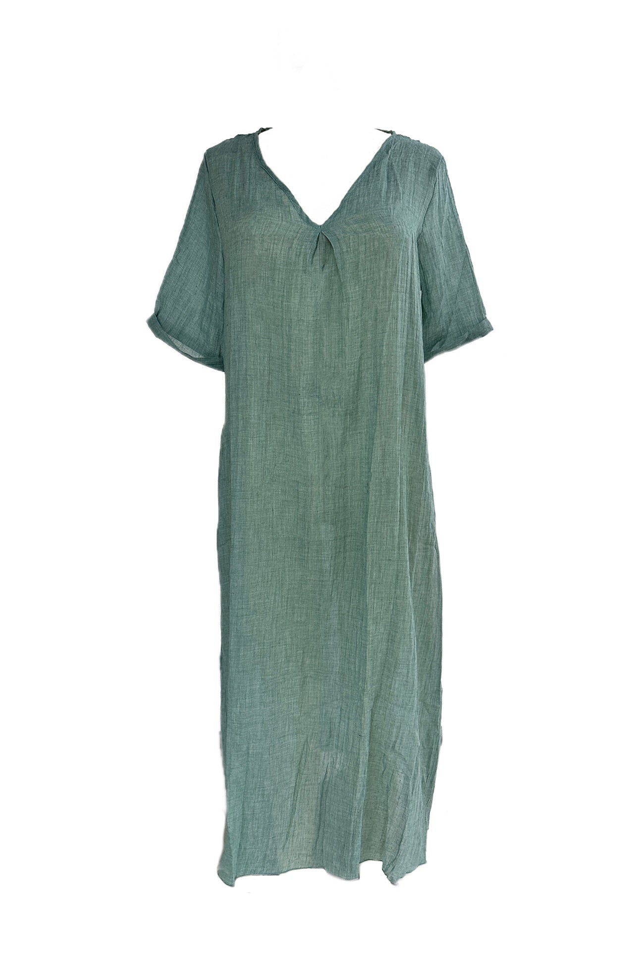 Lightweight Breathable Linen V-Neck Midi Dress with Short Sleeves for Women