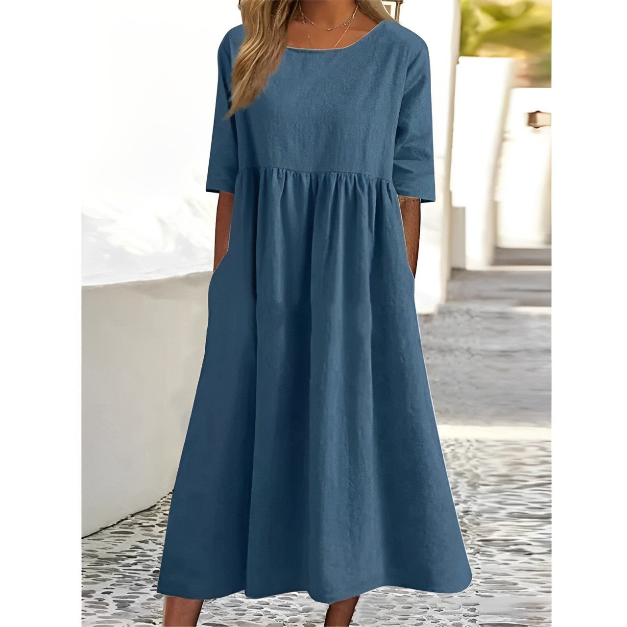 Harper - Vintage Midi Dress in Breathable Cotton Linen with Pleated Detail for Women