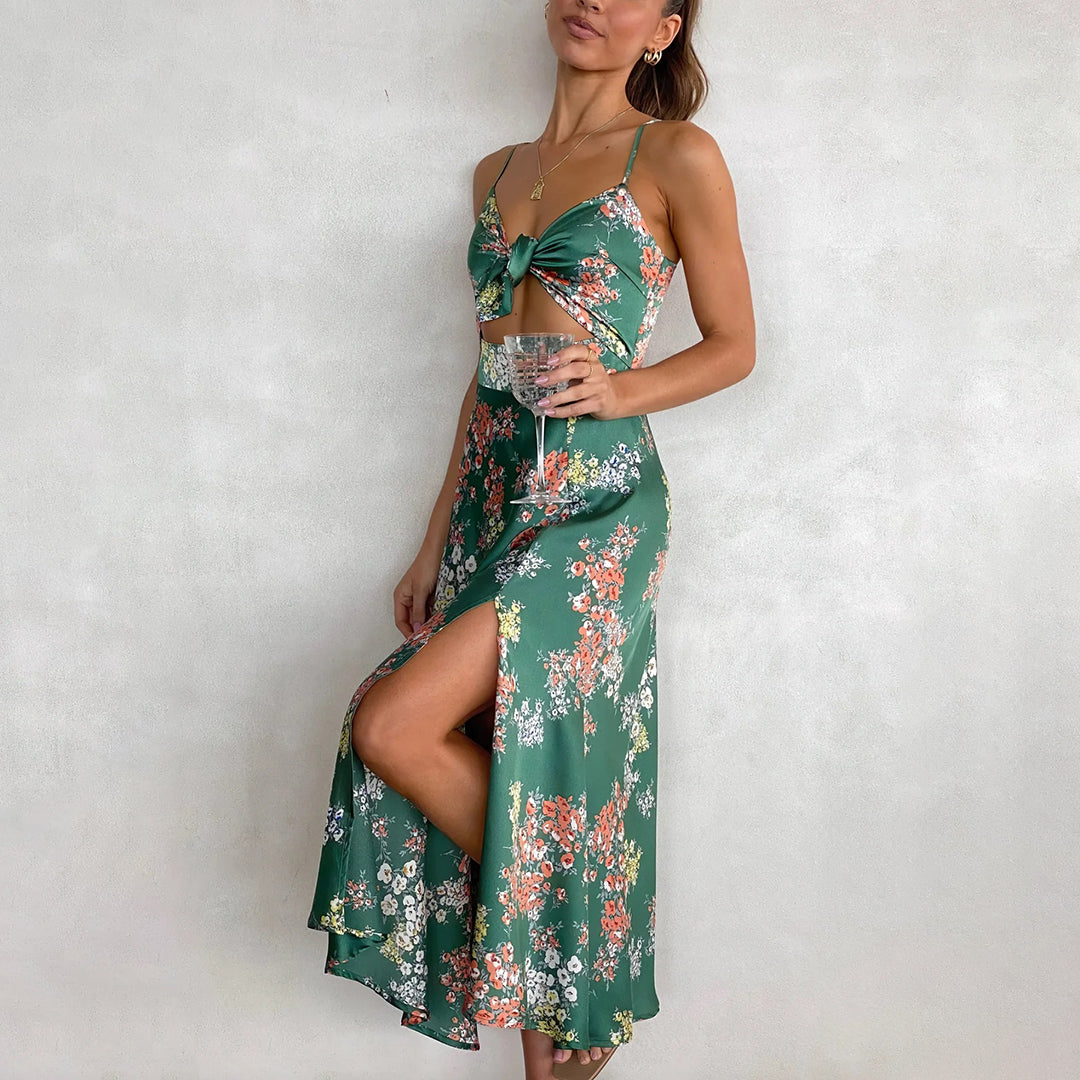 Elegant Floral Midi Dress for Women - Tie-Front Cut-Out Design - Spaghetti Straps - Flowy Fit