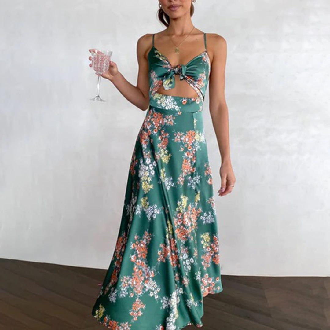 Elegant Floral Midi Dress for Women - Tie-Front Cut-Out Design - Spaghetti Straps - Flowy Fit