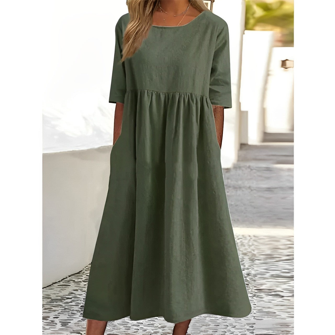 Harper - Vintage Midi Dress in Breathable Cotton Linen with Pleated Detail for Women