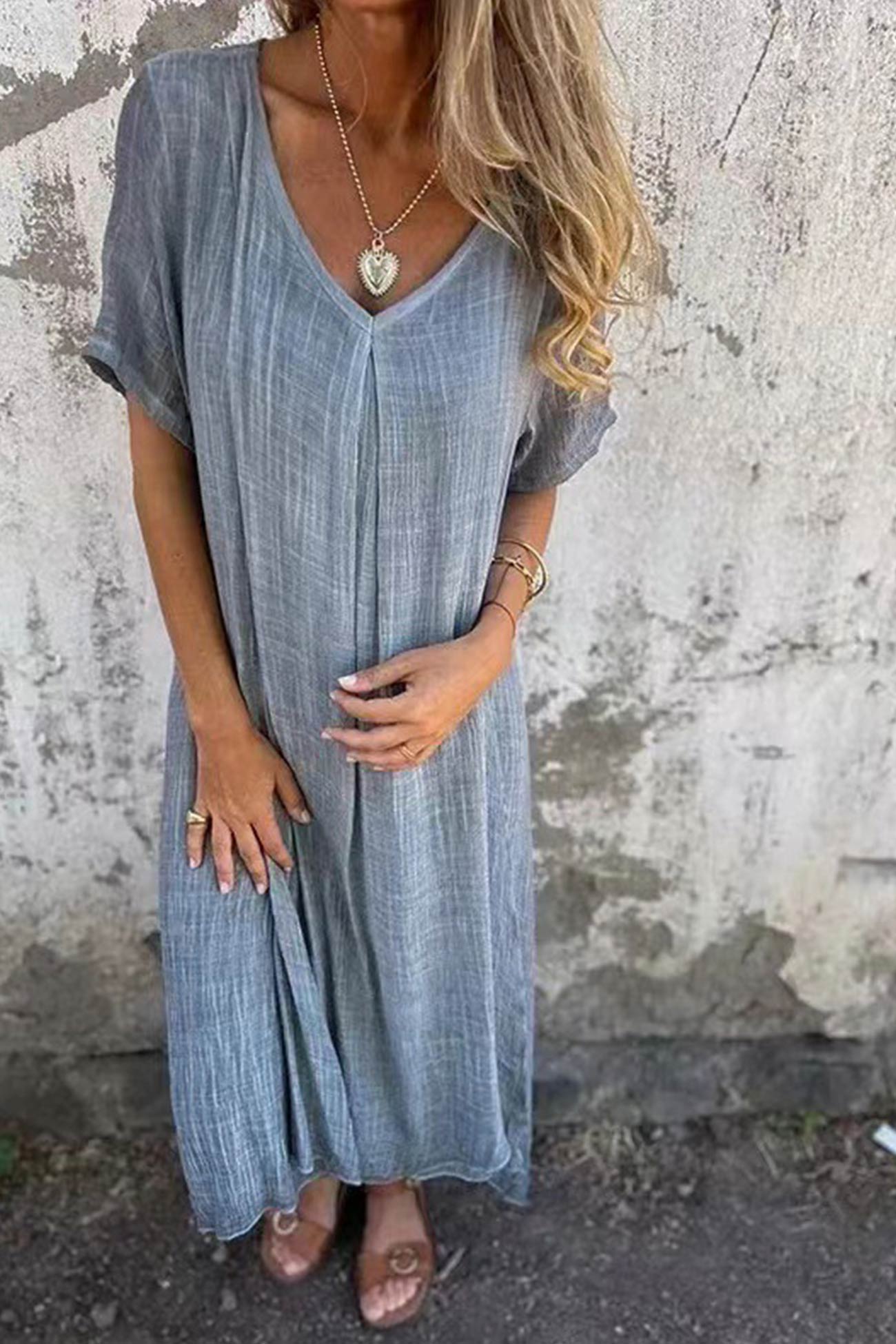 Lightweight Breathable Linen V-Neck Midi Dress with Short Sleeves for Women