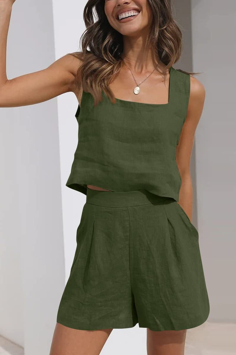 Women's Linen Blend Two-Piece Set - Cropped Square Neck Top & Pleated Shorts - Relaxed Fit