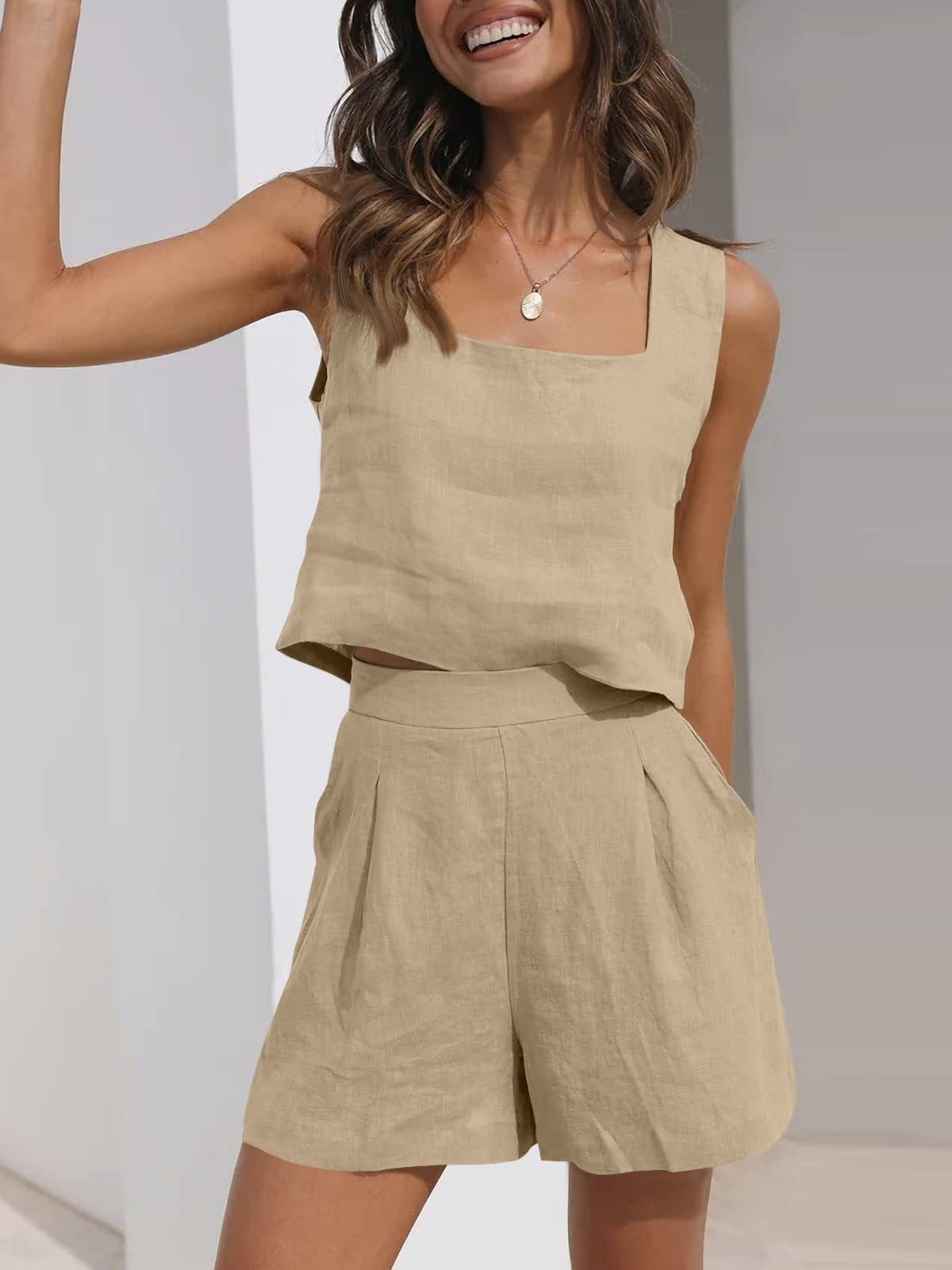 Women's Linen Blend Two-Piece Set - Cropped Square Neck Top & Pleated Shorts - Relaxed Fit