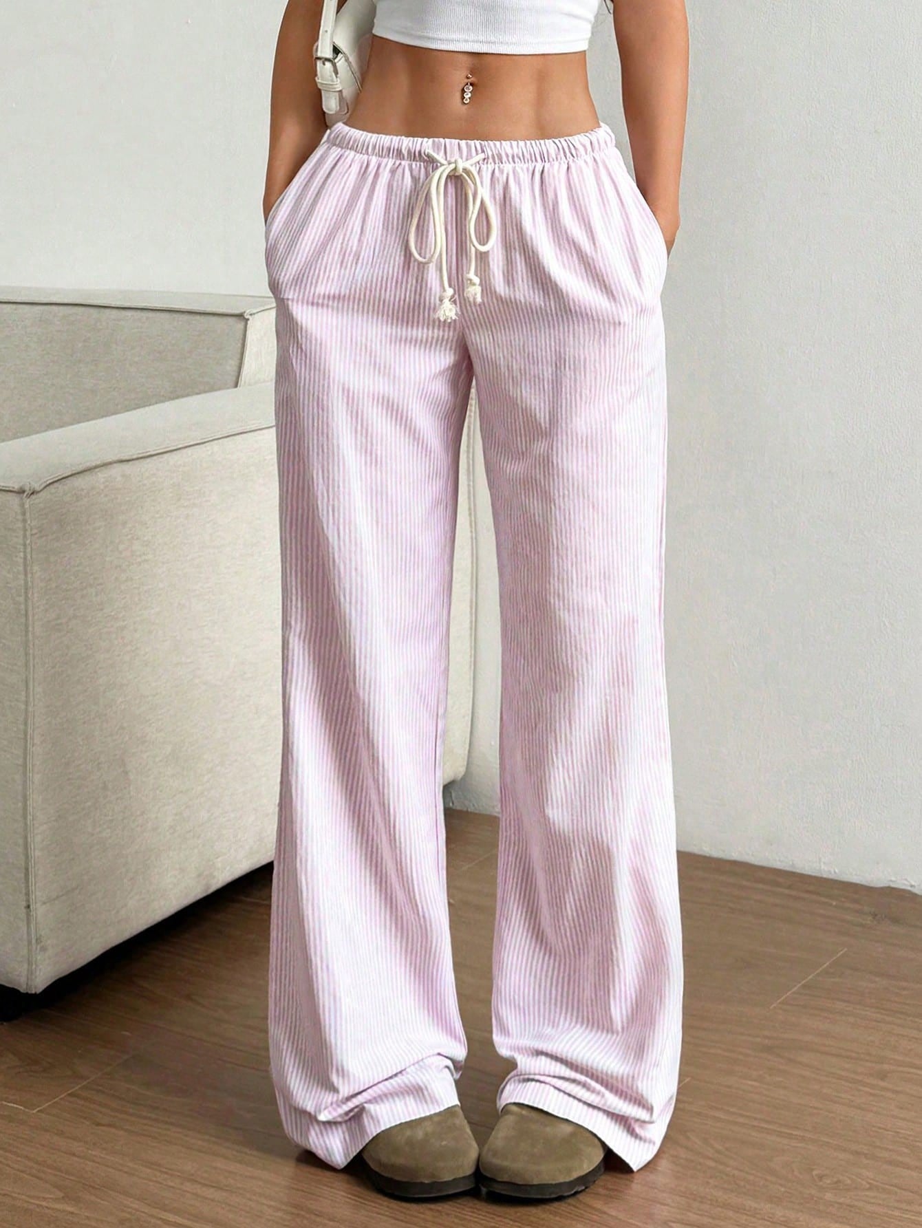 Women's Wide-Leg Trousers in Striped Cotton Blend for Effortless Style