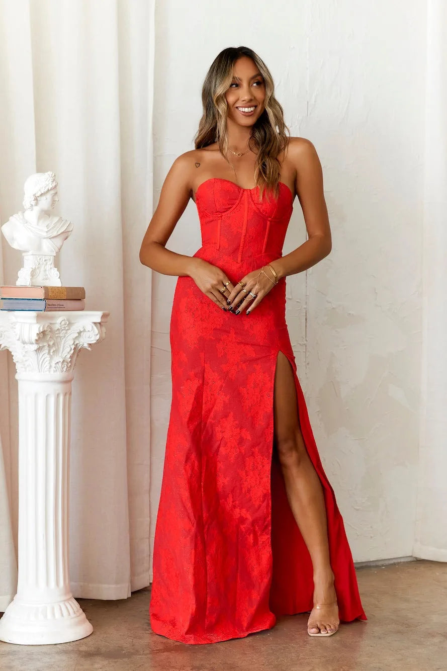 Elegant Strapless Women's Evening Prom Dress with Corset Bodice, Sweetheart Neckline, and High Slit