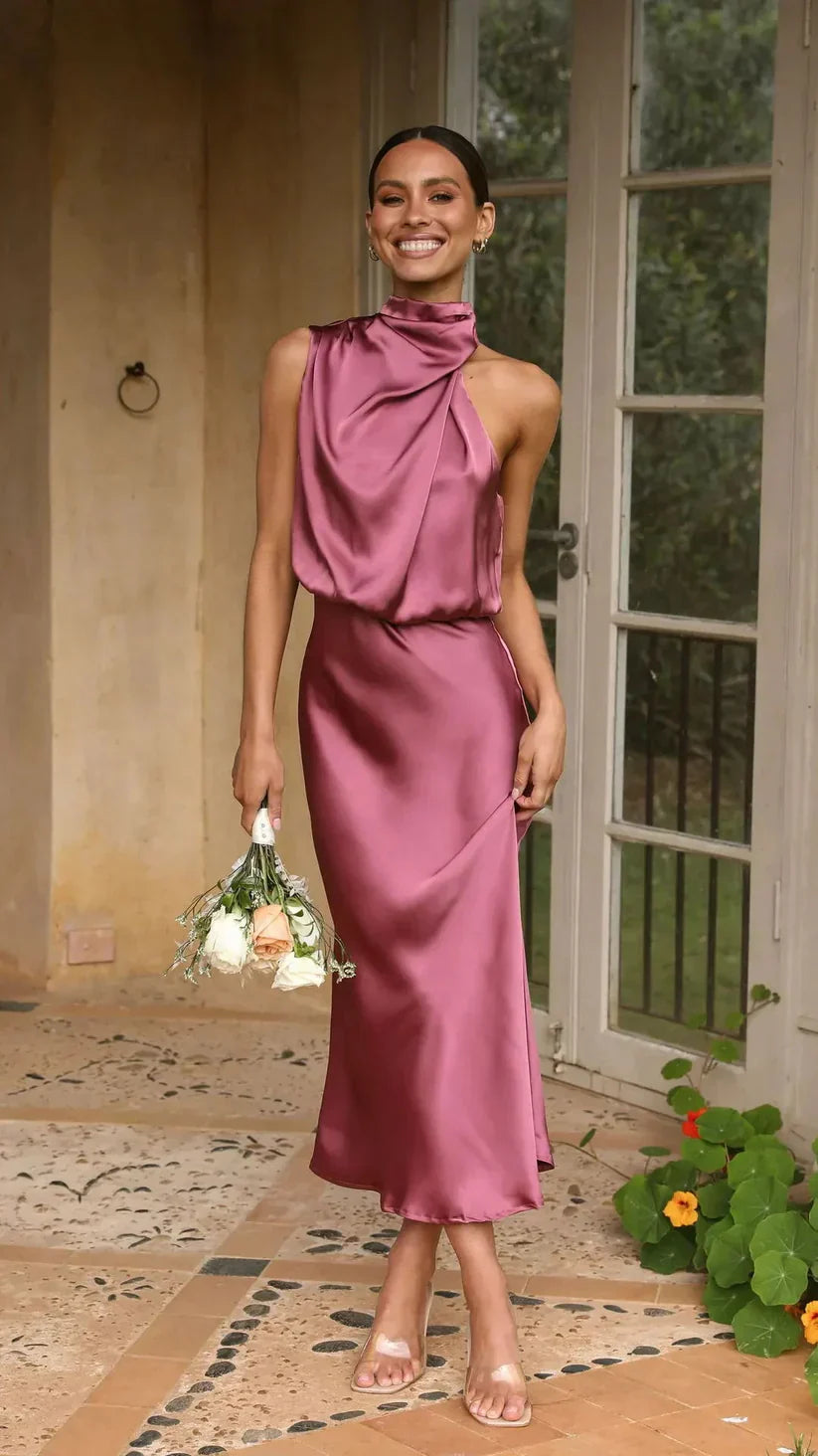 Elegant One-Shoulder Satin Midi Dress for Women - Draped Design with Fitted Waist