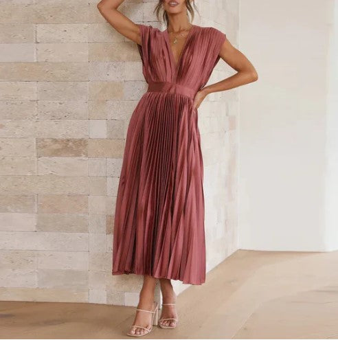 Elegant Women's Sleeveless Pleated Midi Dress with Deep V-Neck for Formal Occasions