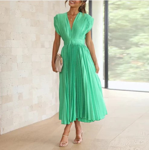 Elegant Women's Sleeveless Pleated Midi Dress with Deep V-Neck for Formal Occasions