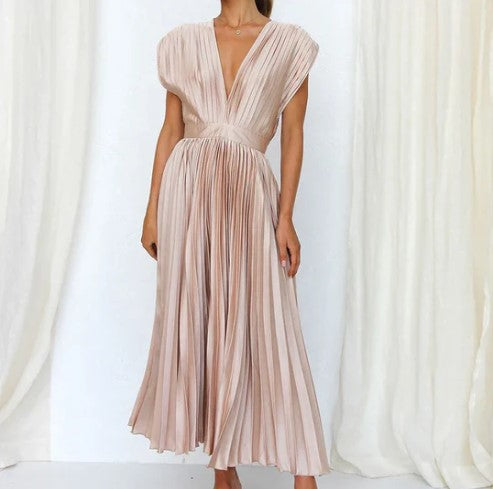 Elegant Women's Sleeveless Pleated Midi Dress with Deep V-Neck for Formal Occasions