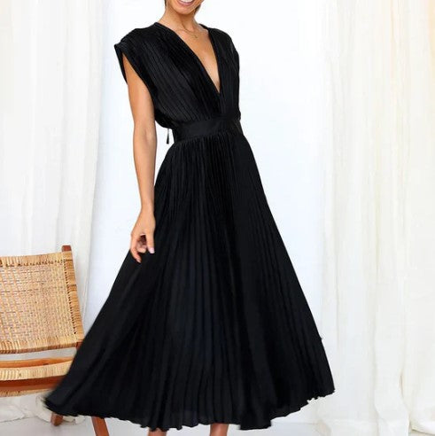 Elegant Women's Sleeveless Pleated Midi Dress with Deep V-Neck for Formal Occasions