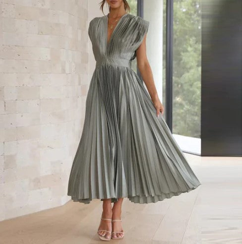 Elegant Women's Sleeveless Pleated Midi Dress with Deep V-Neck for Formal Occasions