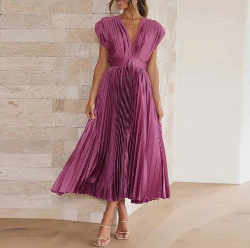 Elegant Women's Sleeveless Pleated Midi Dress with Deep V-Neck for Formal Occasions