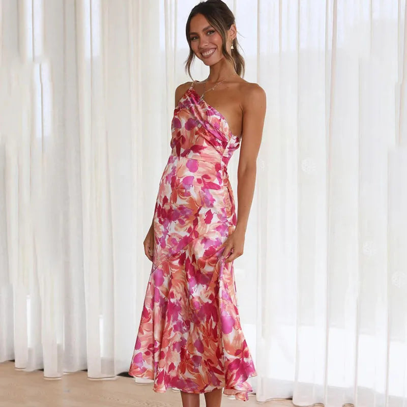 Elegant Floral Midi Dress for Women One-Shoulder Satin Style - Chic Evening Dress