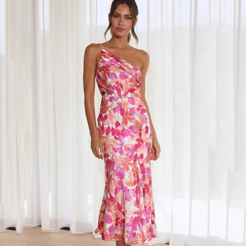 Elegant Floral Midi Dress for Women One-Shoulder Satin Style - Chic Evening Dress
