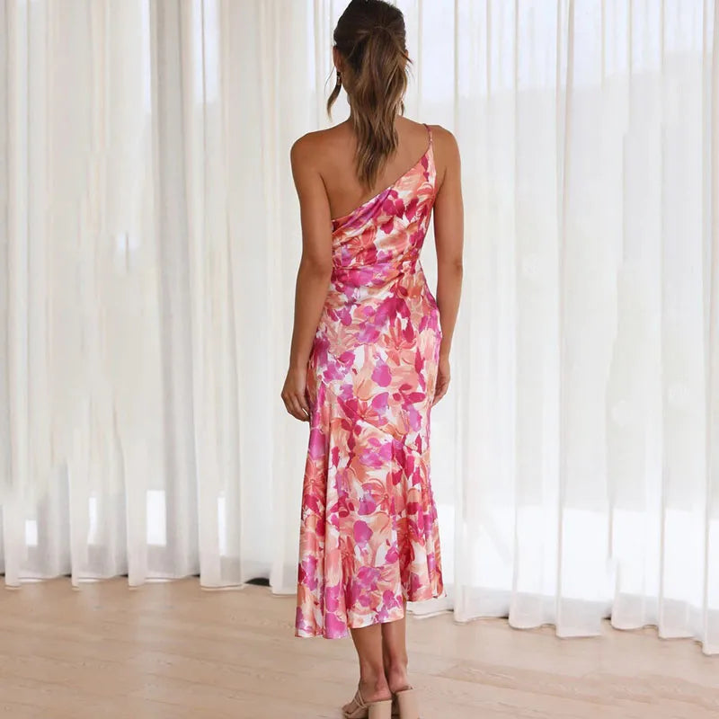 Elegant Floral Midi Dress for Women One-Shoulder Satin Style - Chic Evening Dress