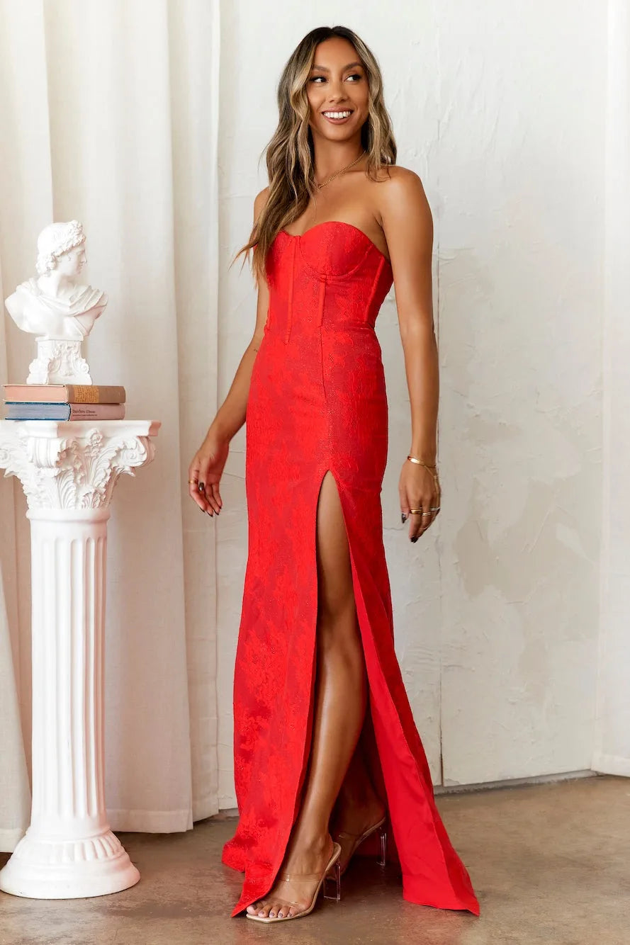 Elegant Strapless Women's Evening Prom Dress with Corset Bodice, Sweetheart Neckline, and High Slit